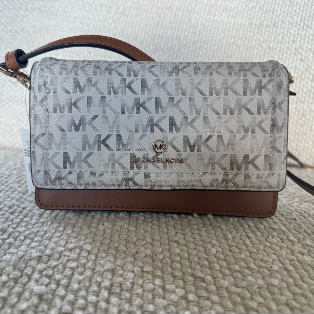 Michael Kors White and Brown Logo Crossbody